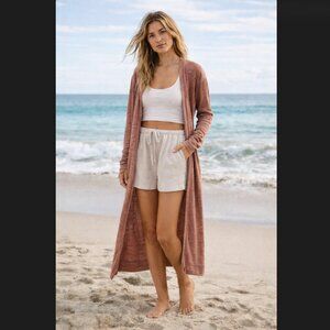 Free People Beach Bi-Coastal Duster Cardigan M Pink Longline Open Front Pockets